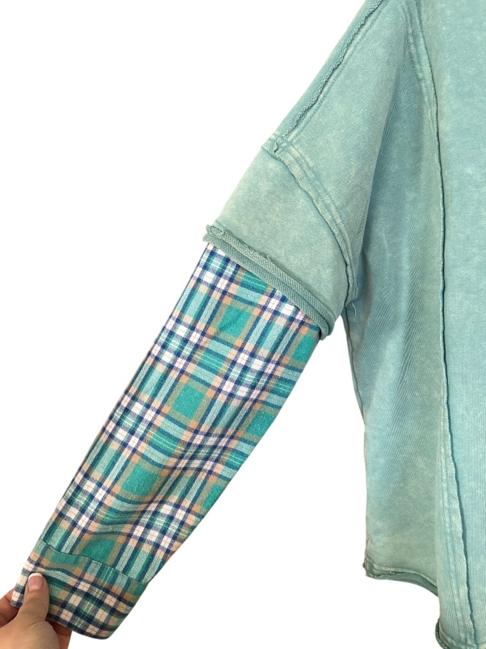 Easel Green Plaid Peace Layered Washed Knit Long Sleeve Pullover Sweatshirt SZ S - Picture 4 of 10